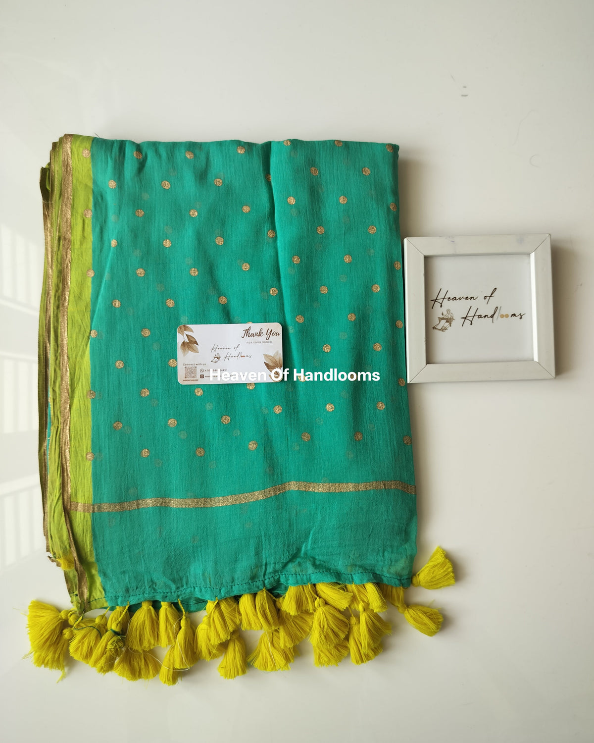 Printed Saree - Teal  Golden Polka Dot