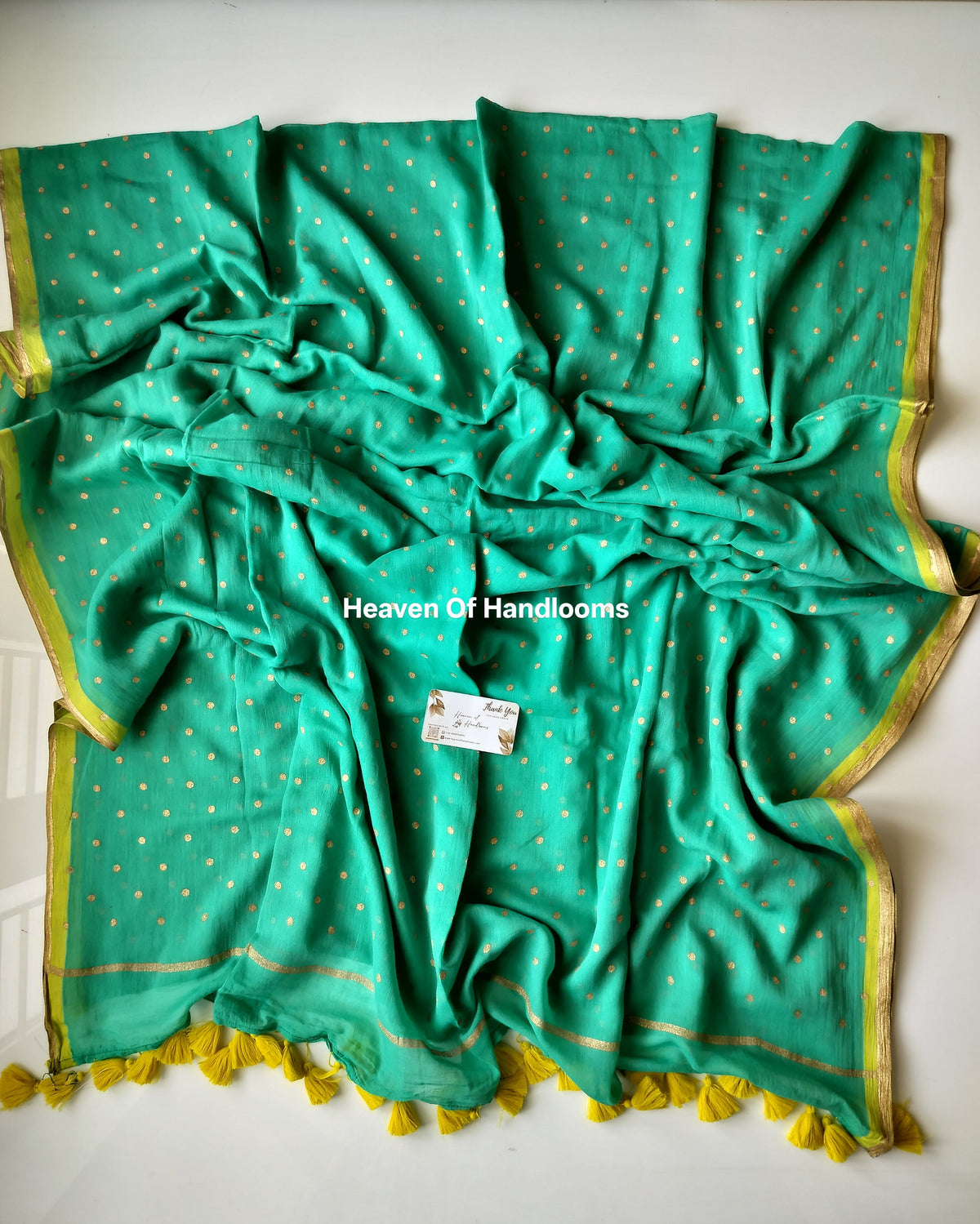 Printed Saree - Teal  Golden Polka Dot