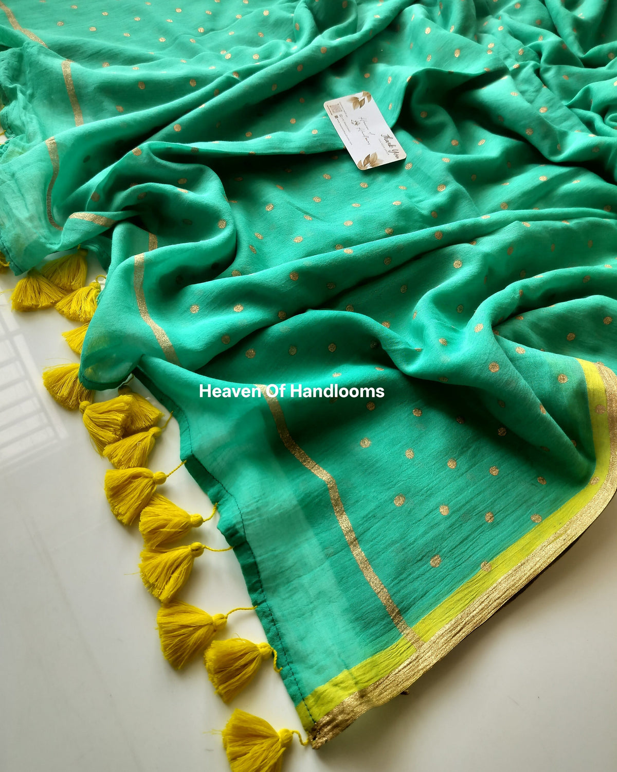 Printed Saree - Teal  Golden Polka Dot