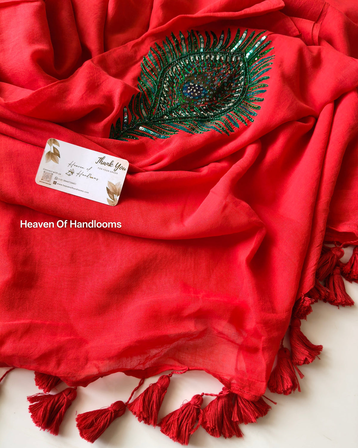Premium Hand Stitch - Red Peacock Feather