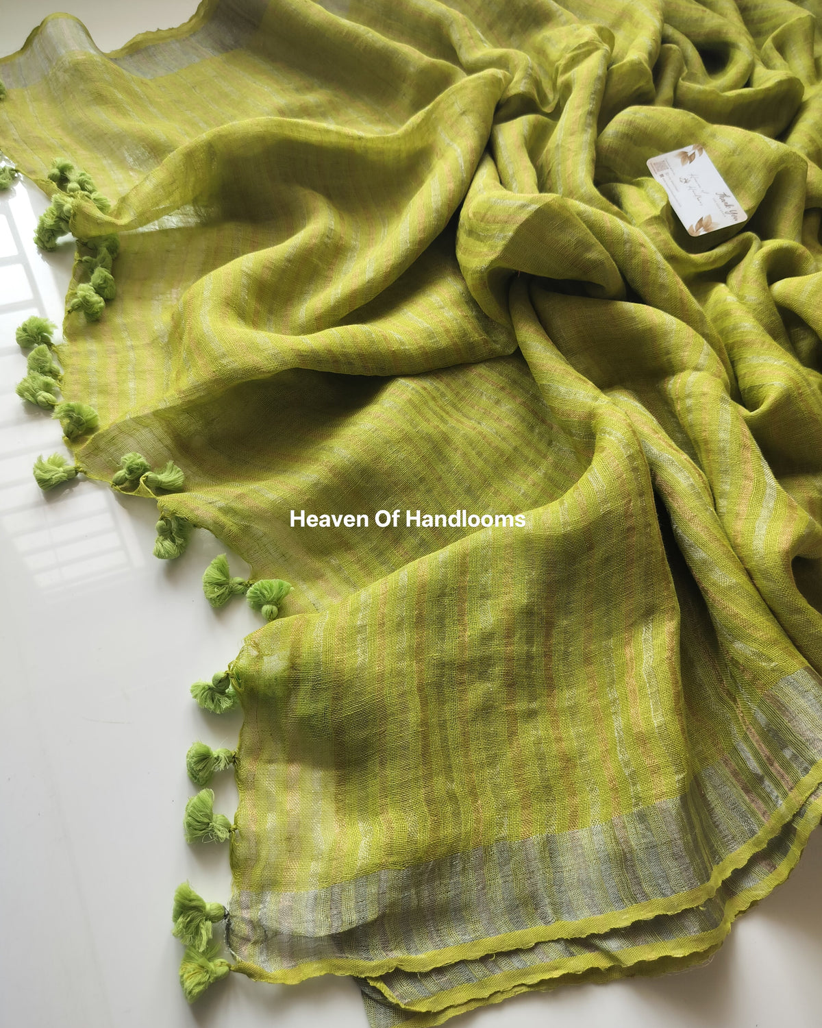 Linen by zari- Green Silver Copper Zari