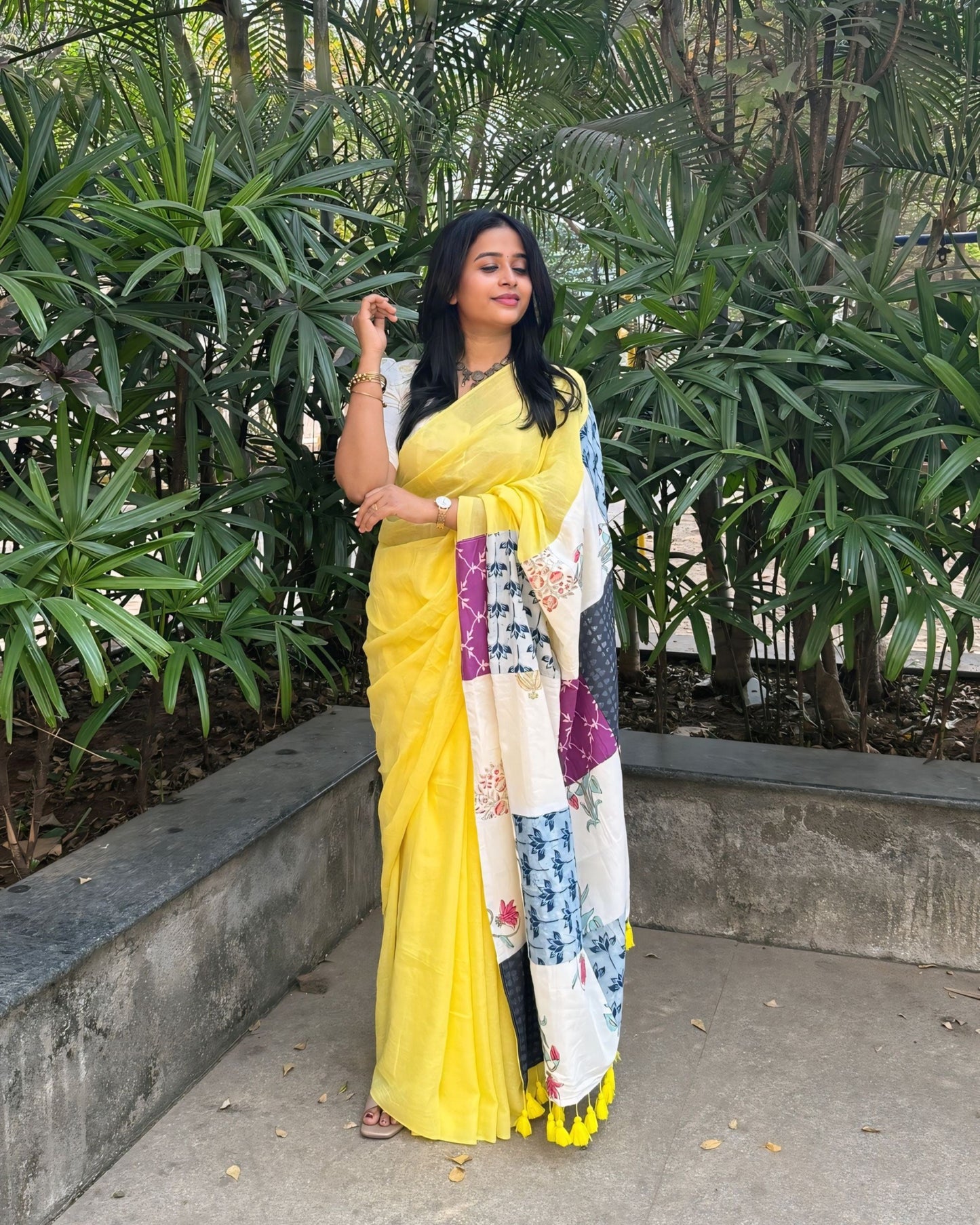 Festive Saree - Pastel Yellow Patch