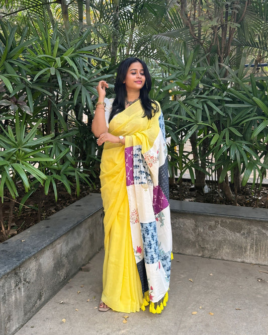 Festive Saree - Pastel Yellow Patch