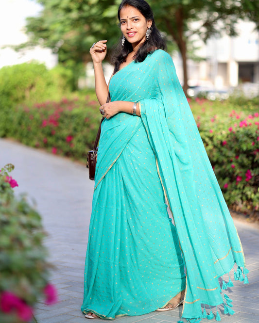 Printed Saree - Sea Green with Golden Polka Dot