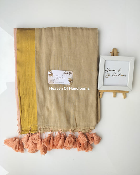 Onam-Vishu Saree - Dark Cream with Zari Pink Border