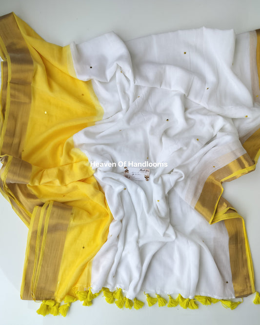 Onam-Vishu Saree - Yellow and White Gini with Golden Border