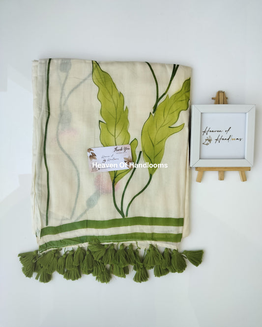 Onam-Vishu Saree - Olive Green Thistle Hand Painted