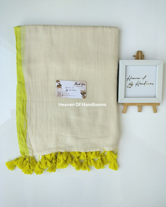 Plain Mul Saree - Cream with Yellow Border