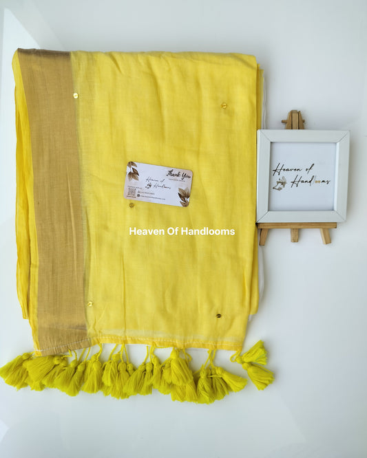 Onam-Vishu Saree - Yellow and White Gini with Golden Border