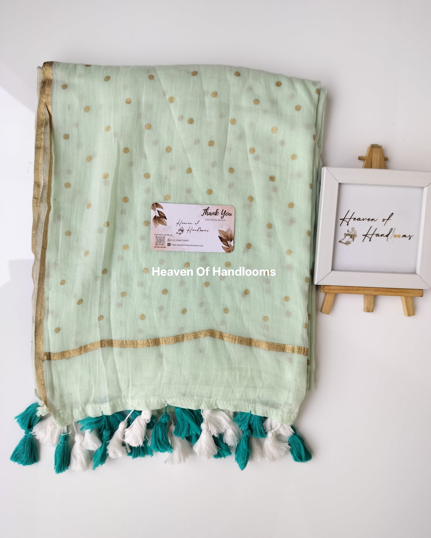 Printed Saree - Soft Mint with Golden Polka Dot