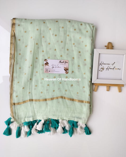 Printed Saree - Soft Mint with Golden Polka Dot