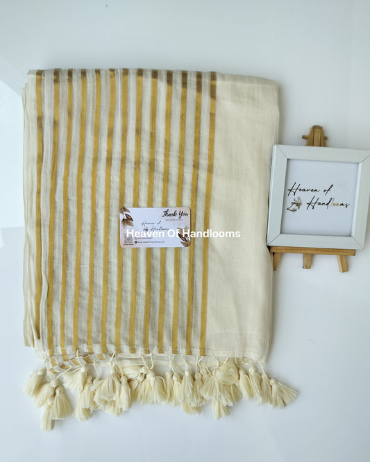 Onam-Vishu Saree - Off White with Golden Lines