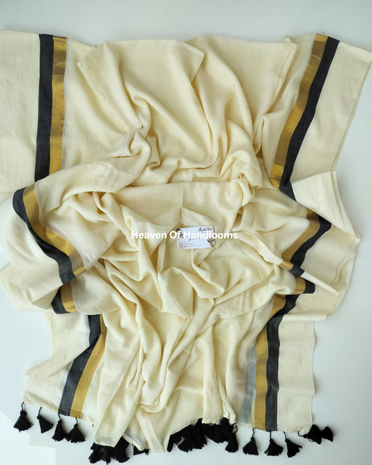 Onam-Vishu Saree - Off White with Black Golden Border
