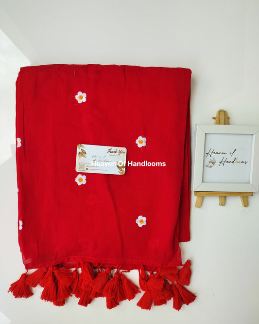 Embroidery Saree - Red Blossom