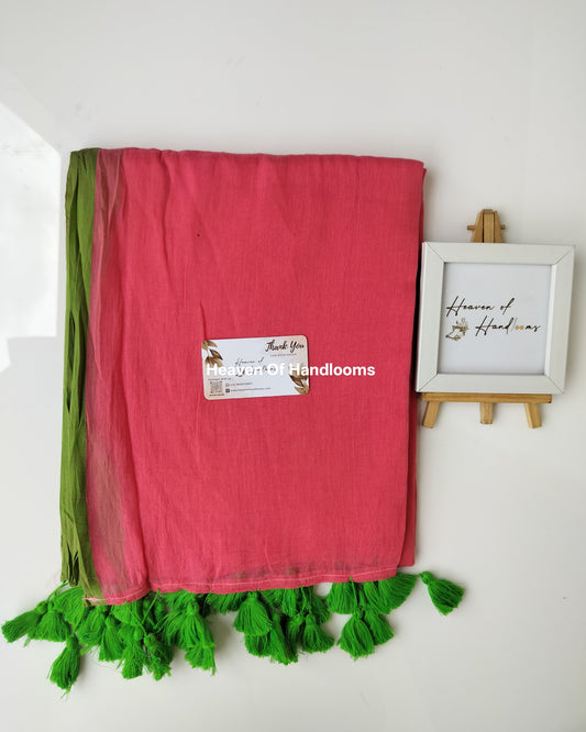 Plain Mul Saree - Red Tint with Green Border