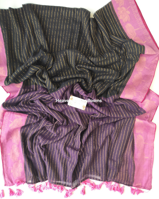 Festive Saree - Black Purple with Lotus Border