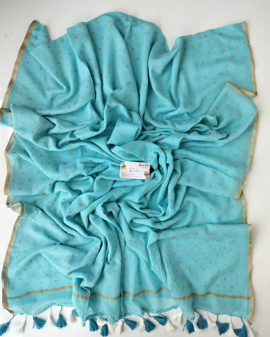 Printed Saree - Sky Blue Golden Polka Dot