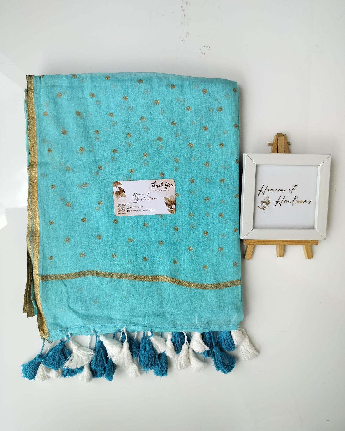 Printed Saree - Sky Blue Golden Polka Dot