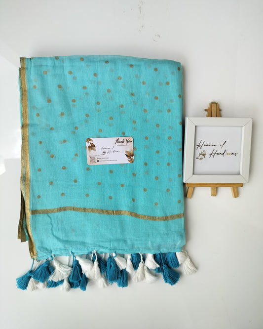 Printed Saree - Sky Blue Golden Polka Dot