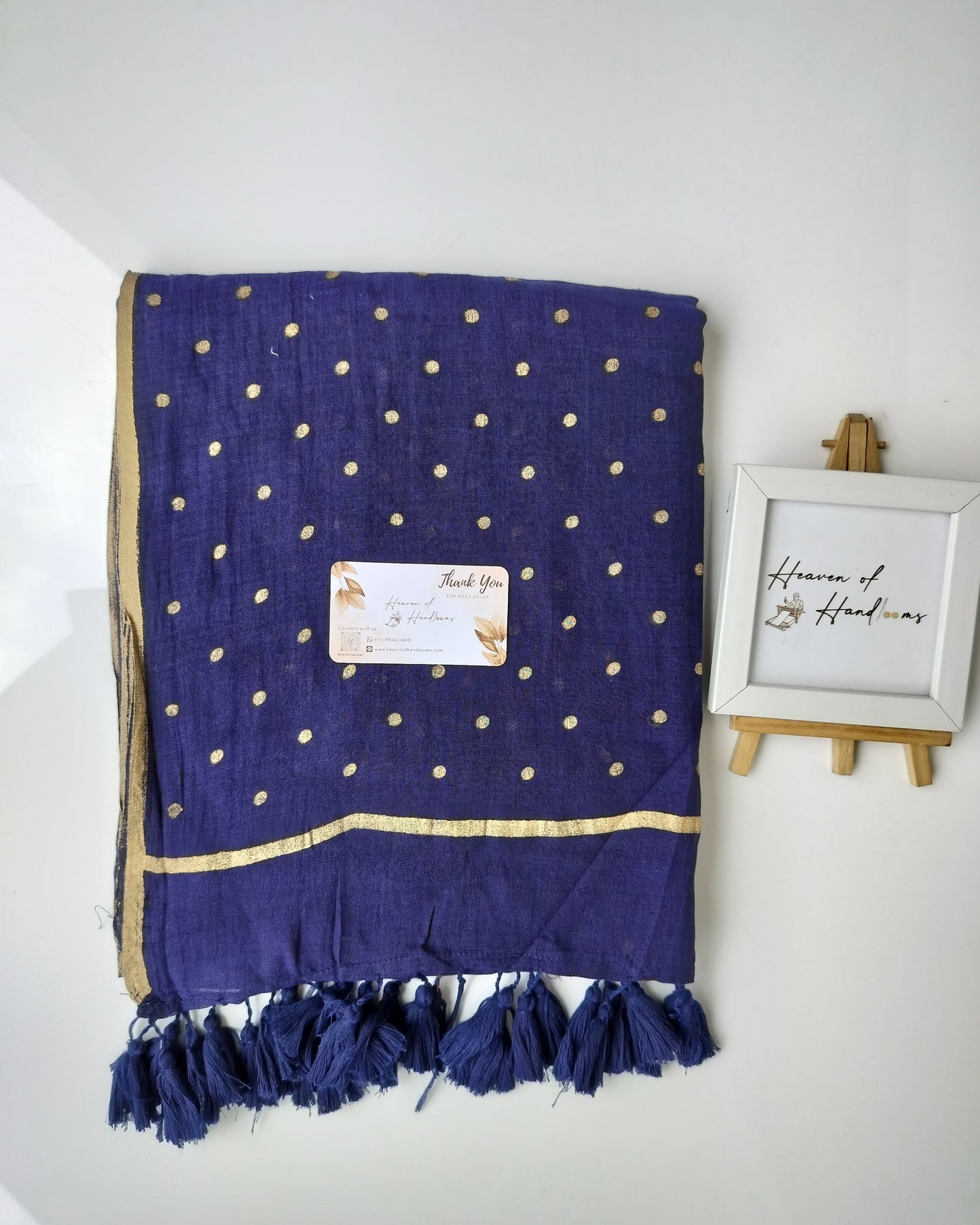 Printed Saree - Navy with Golden Polka Dot