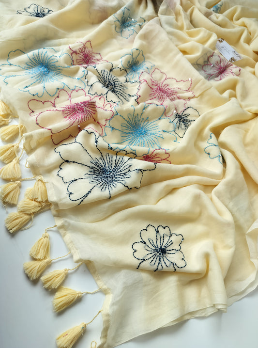 Premium Hand Stitch - Cream Kantha Sarees