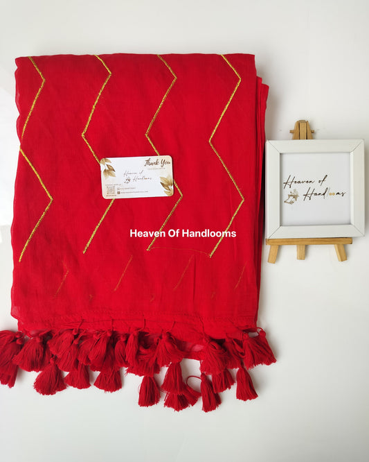 Embroidery Saree - Red Zigzag
