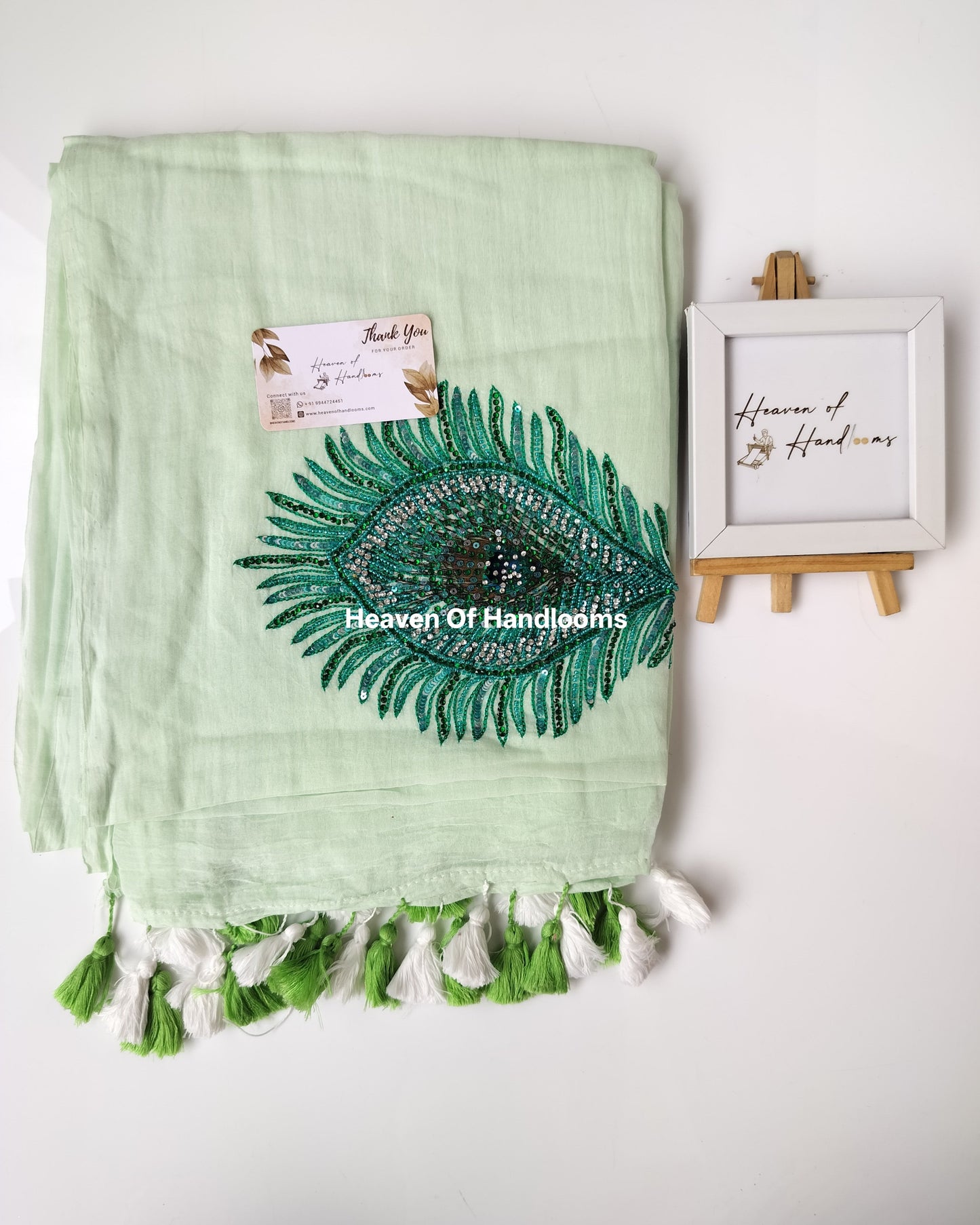 Premium Hand Stitch - Mint Real Peacock Feather