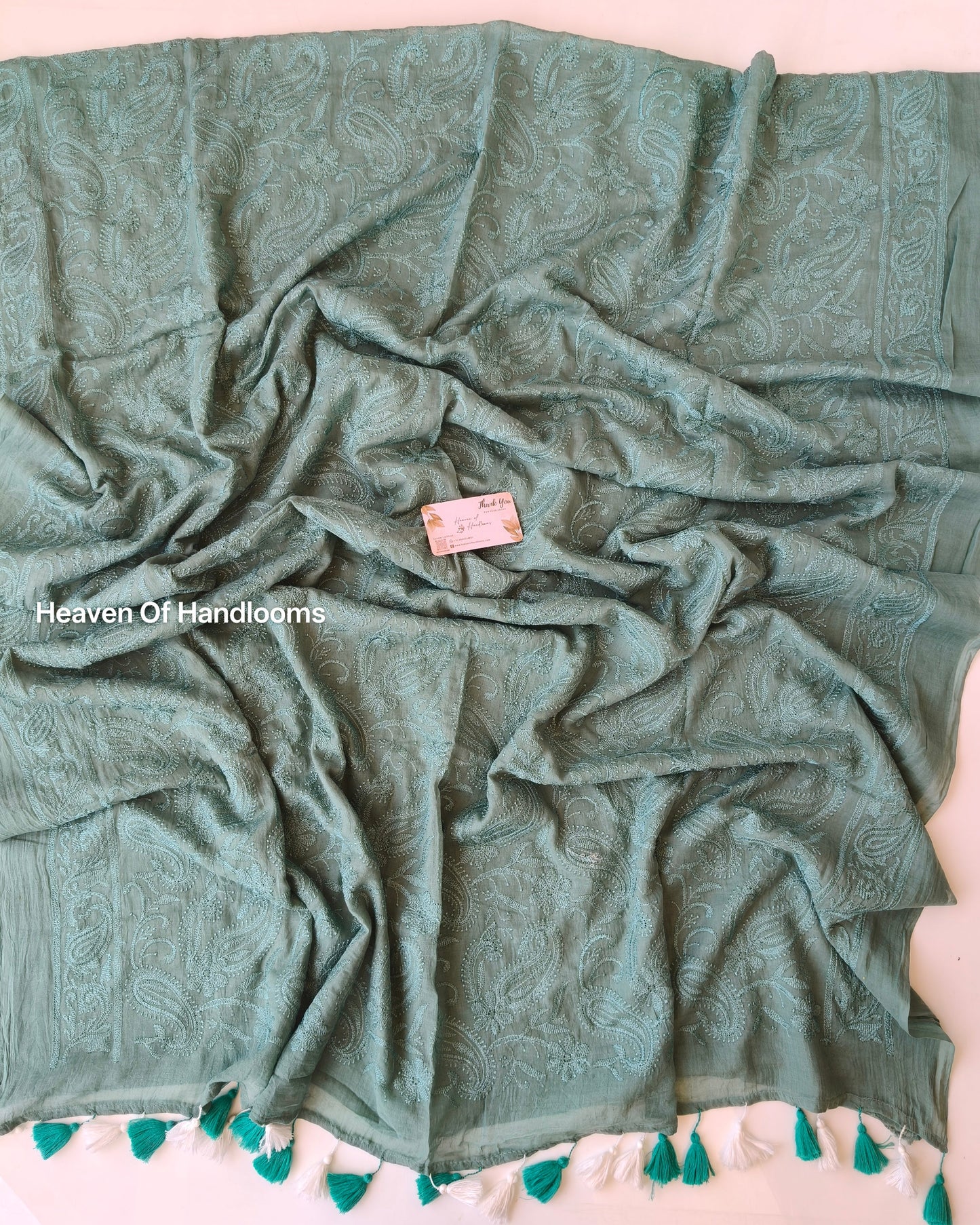 Festive Saree - Muted Teal Blue Chikankari