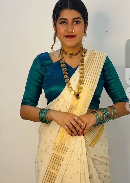 Onam-Vishu Saree - Cream Polka Dot