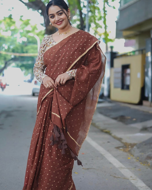 Printed Saree - Brown  with Golden Polka Dot