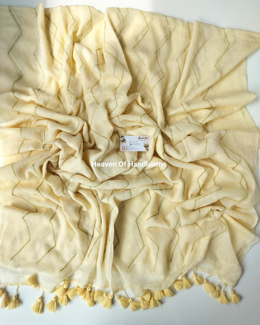 Embroidery Saree - Cream Zig Zag