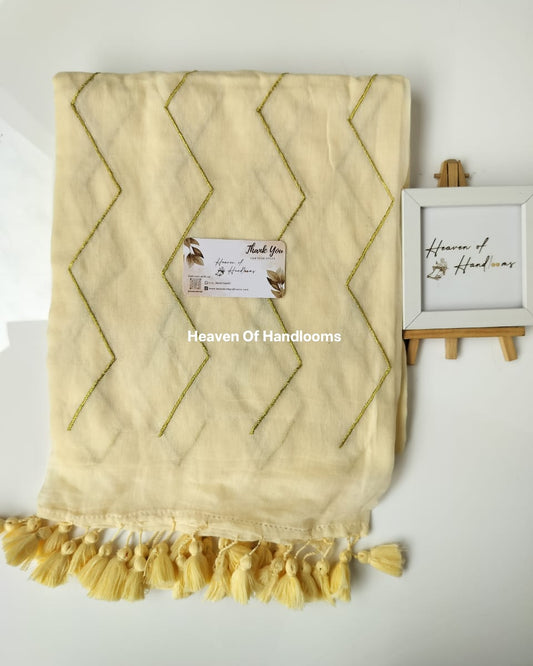 Embroidery Saree - Cream Zig Zag