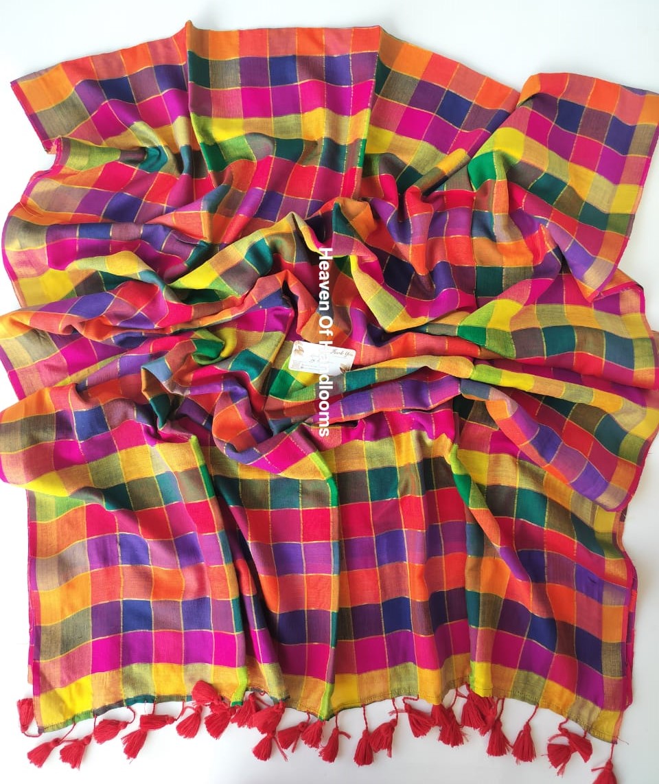 Festive Saree - Multi Color Golden Check