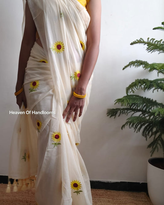 Embroidery Saree - Cream Sunflower