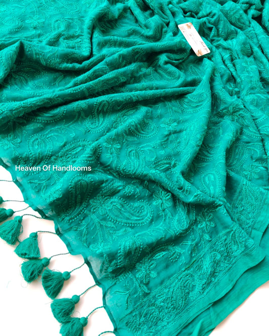 Festive Saree - Teal Blue Chikankari