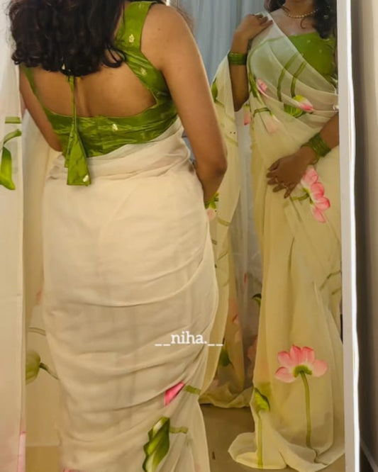 Onam-Vishu Saree - Beige with  Pink Lotus
